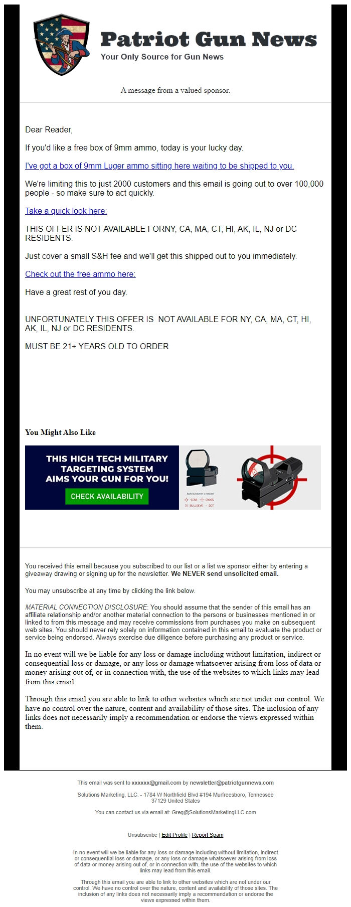 Screenshot of the email generated on import