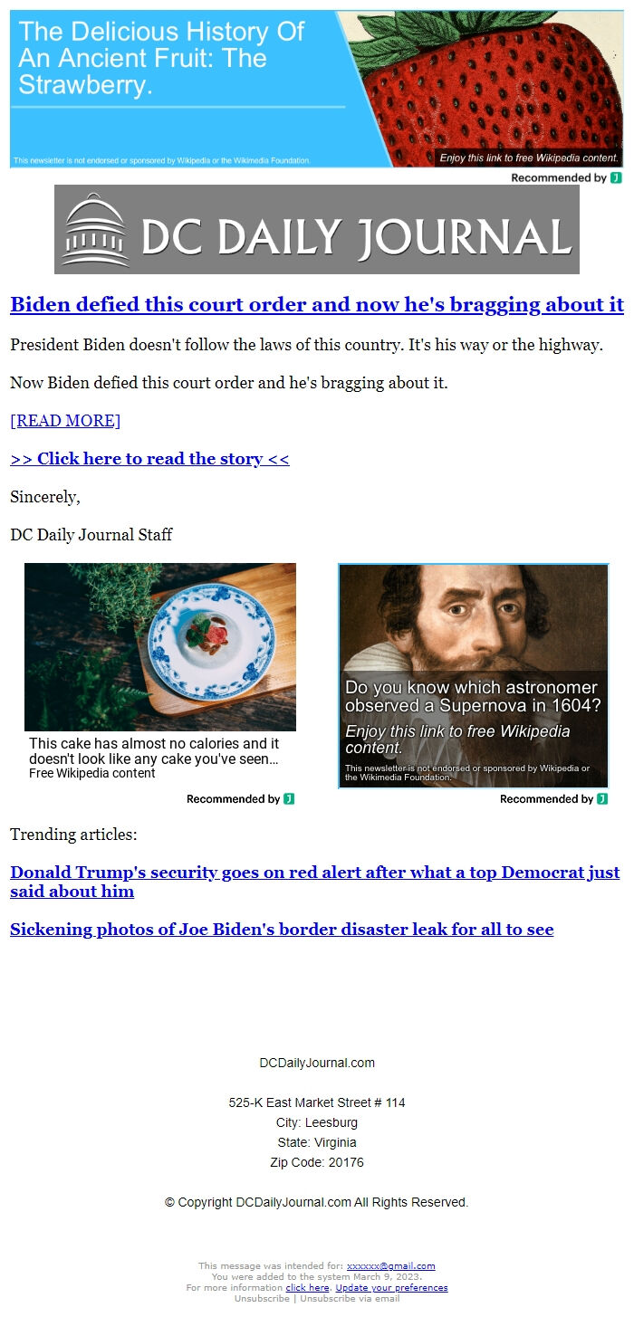 Screenshot of the email generated on import