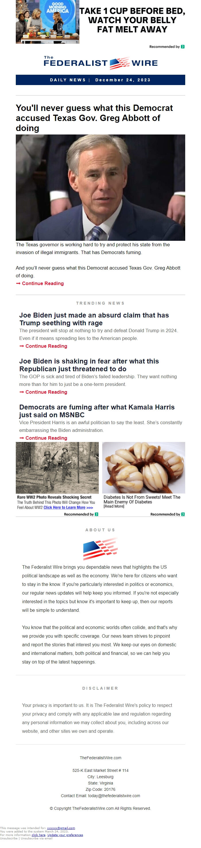 Screenshot of the email generated on import