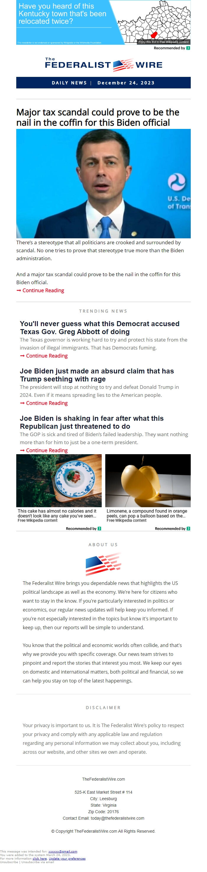 Screenshot of the email generated on import