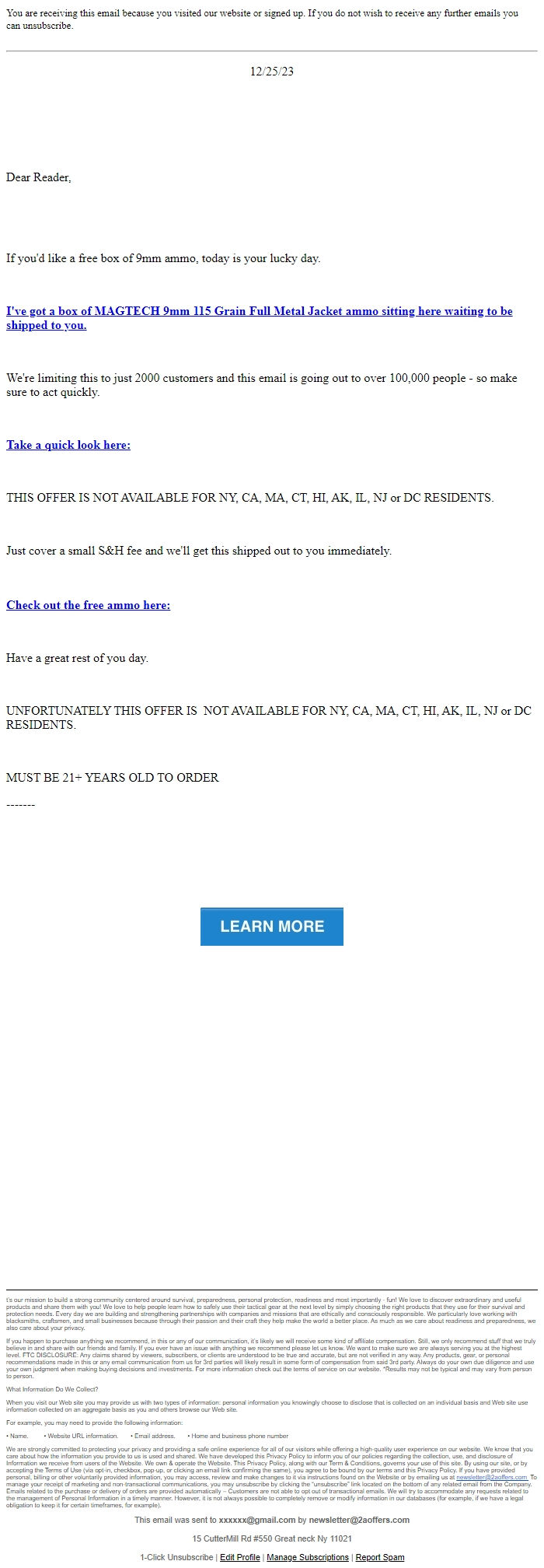 Screenshot of the email generated on import