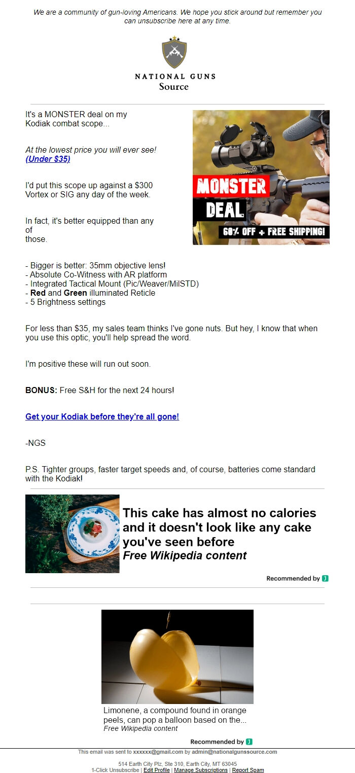 Screenshot of the email generated on import