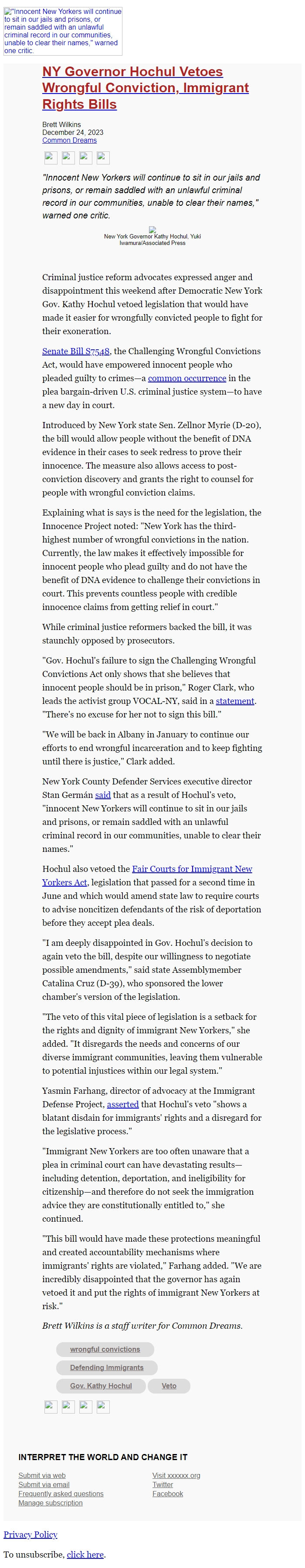Screenshot of the email generated on import