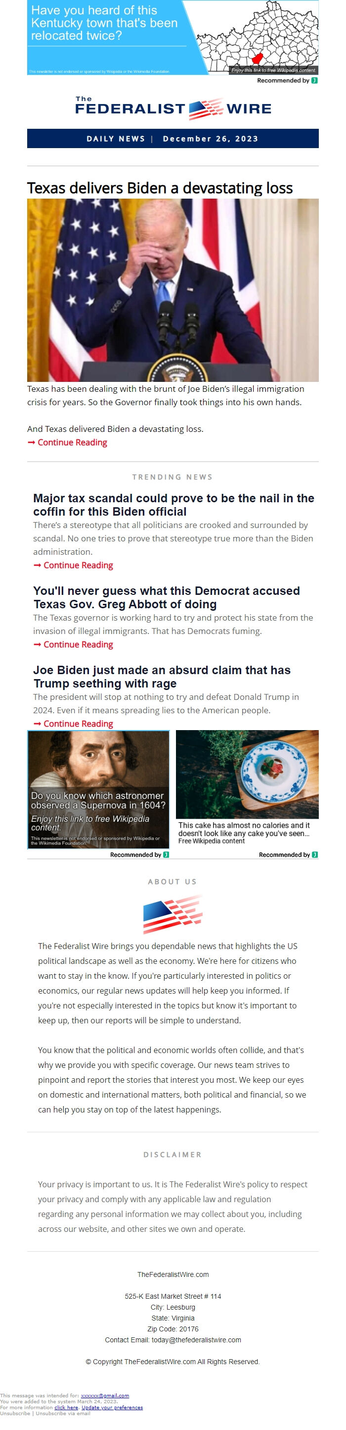 Screenshot of the email generated on import