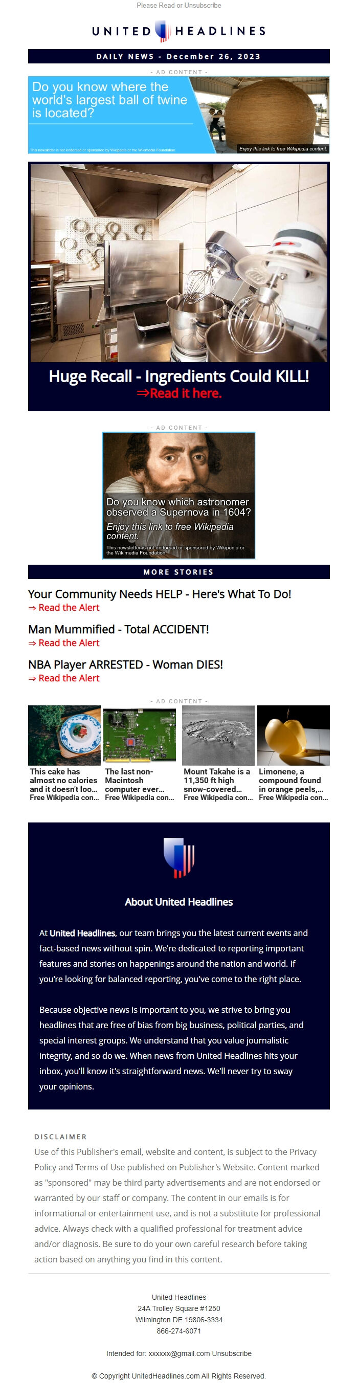 Screenshot of the email generated on import