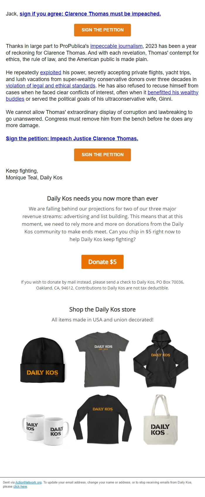 Screenshot of the email generated on import