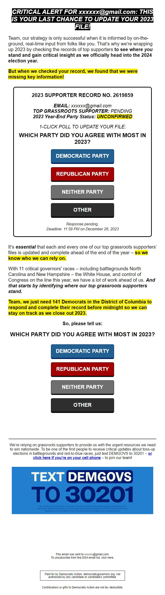 Screenshot of the email generated on import