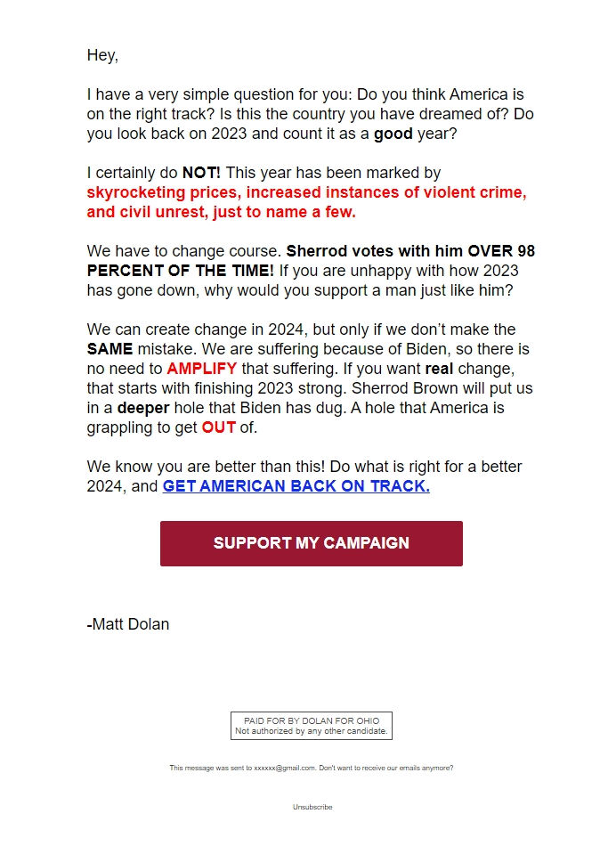 Screenshot of the email generated on import