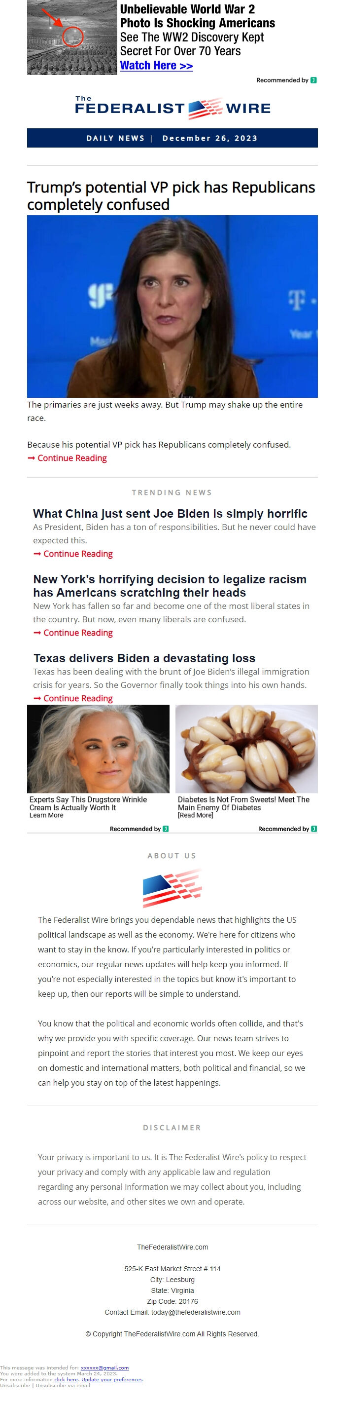 Screenshot of the email generated on import