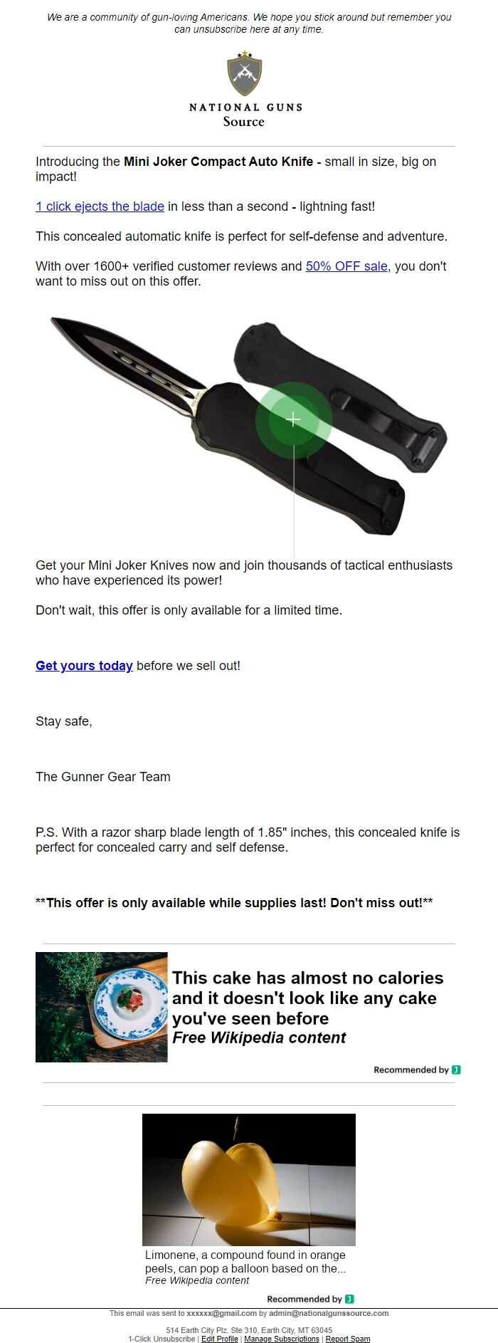 Screenshot of the email generated on import