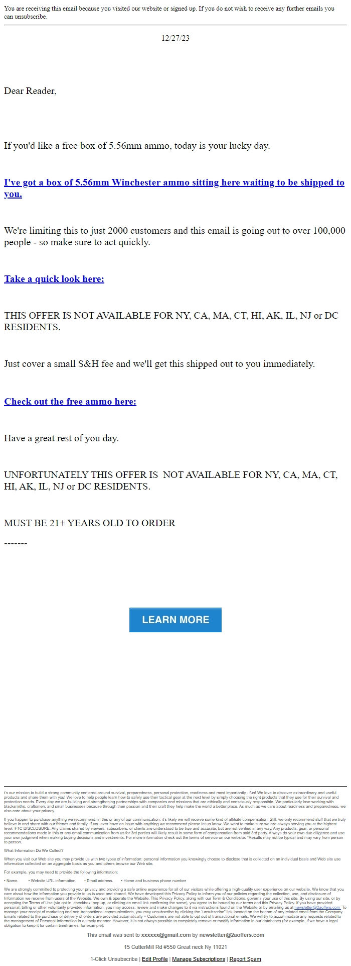 Screenshot of the email generated on import