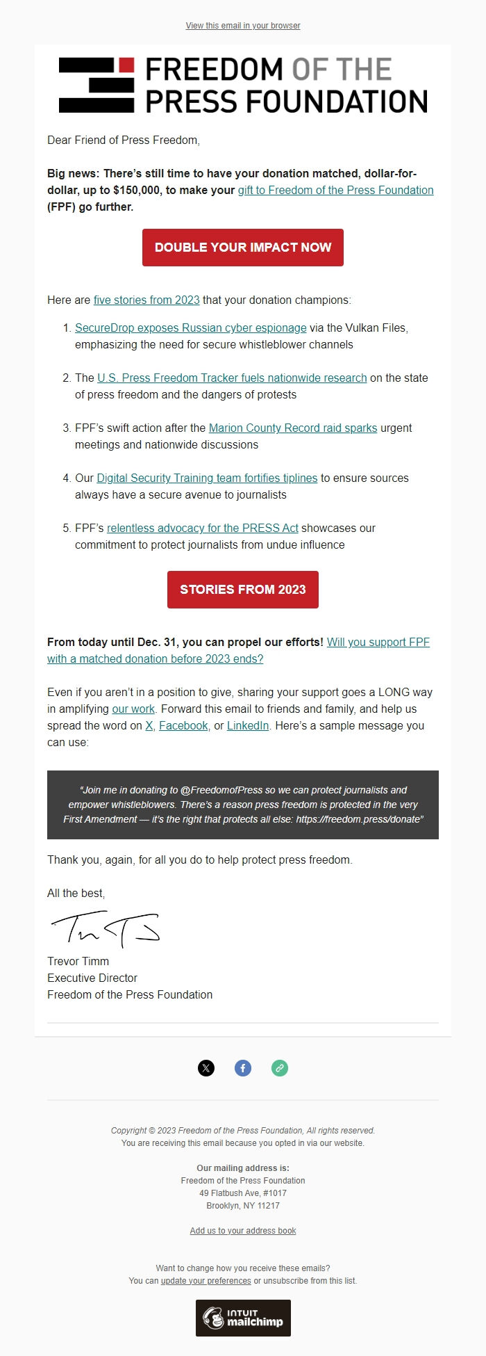Screenshot of the email generated on import