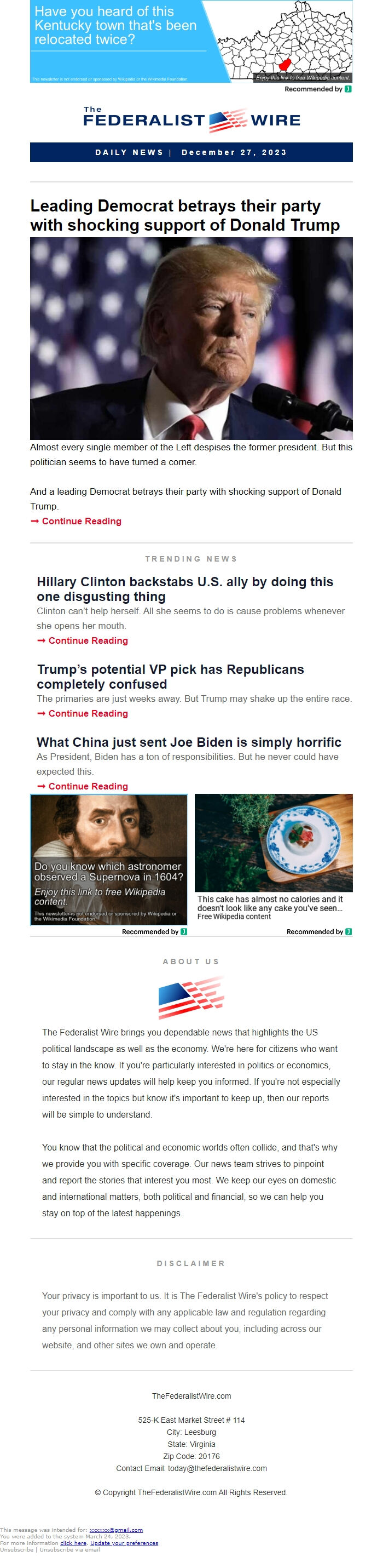 Screenshot of the email generated on import