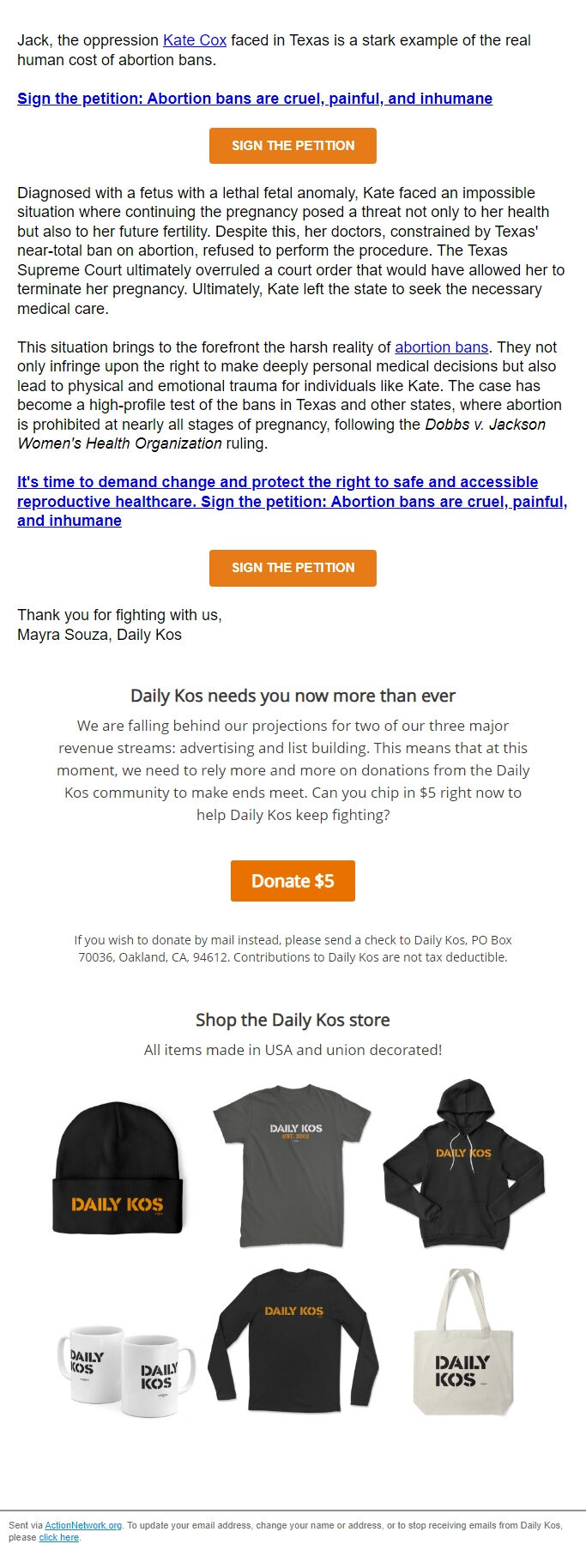 Screenshot of the email generated on import