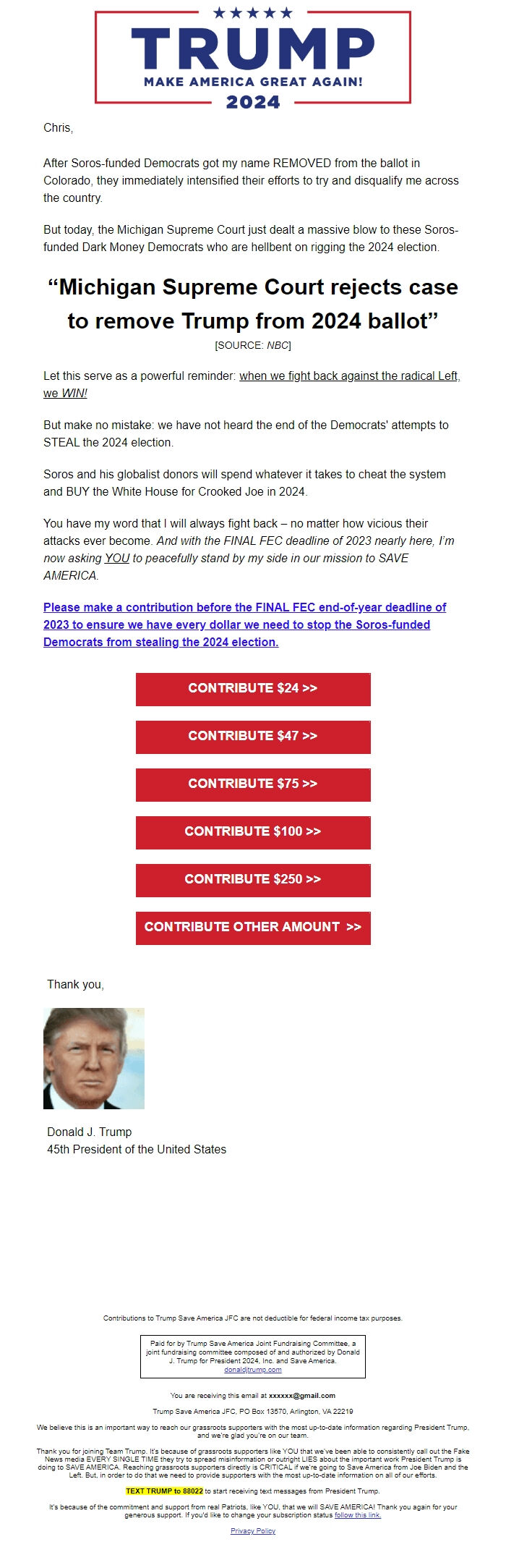 Screenshot of the email generated on import
