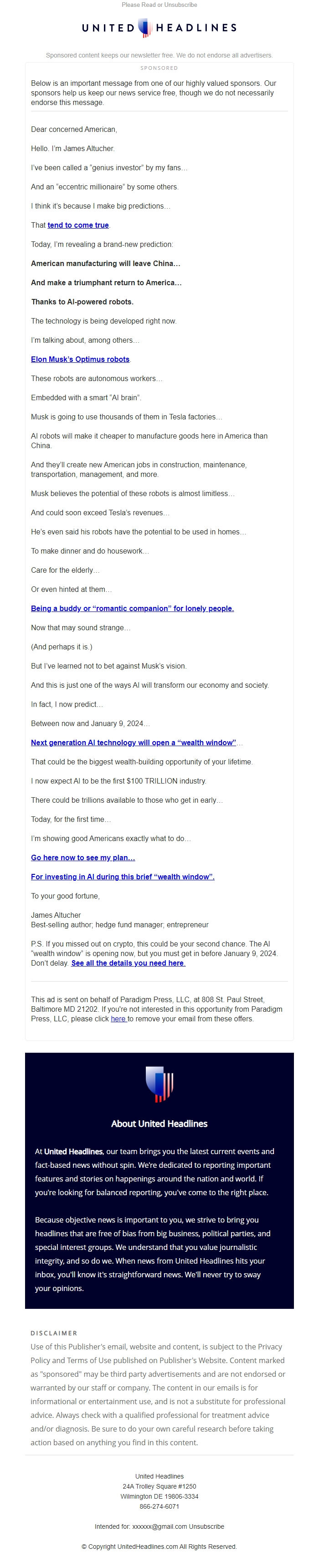 Screenshot of the email generated on import