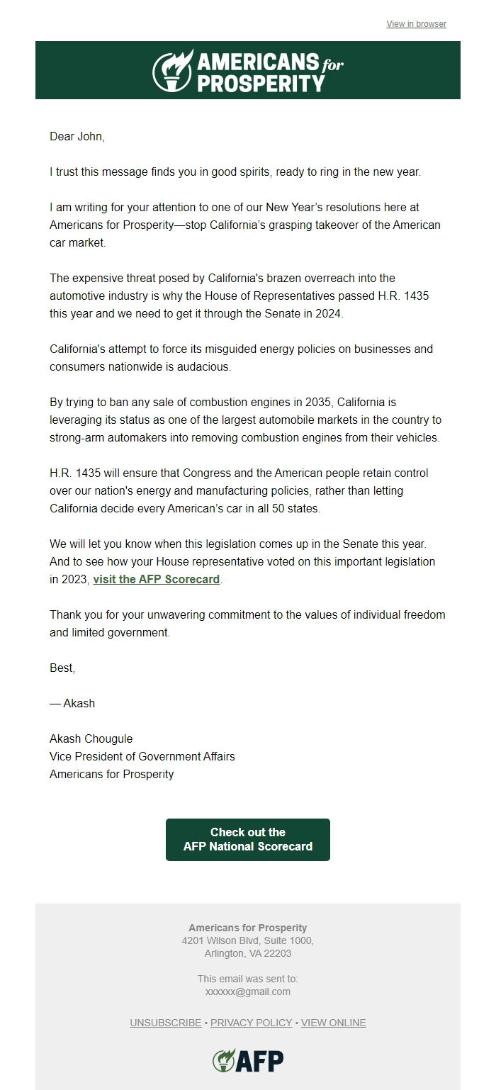 Screenshot of the email generated on import