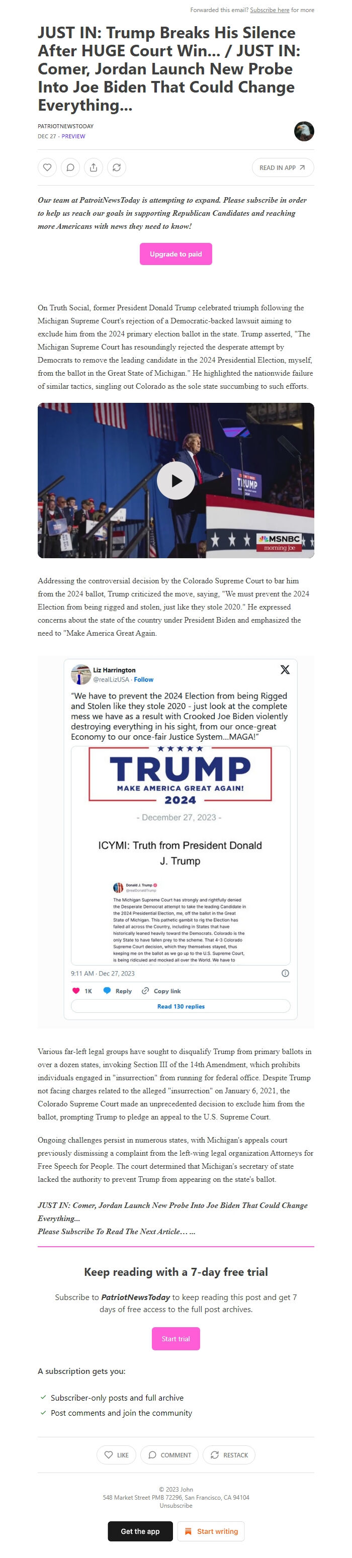 Screenshot of the email generated on import