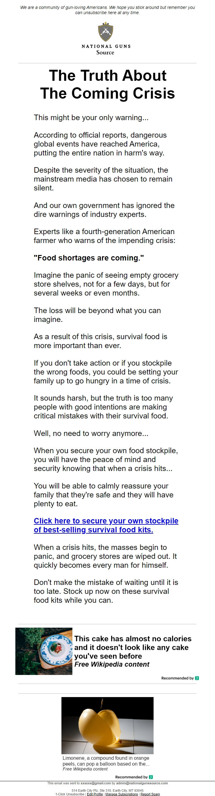 Screenshot of the email generated on import