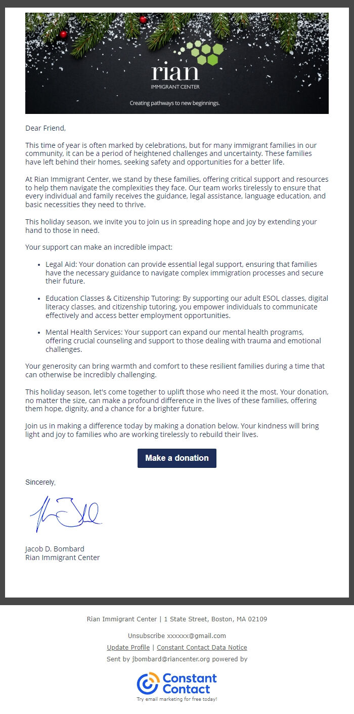 Screenshot of the email generated on import