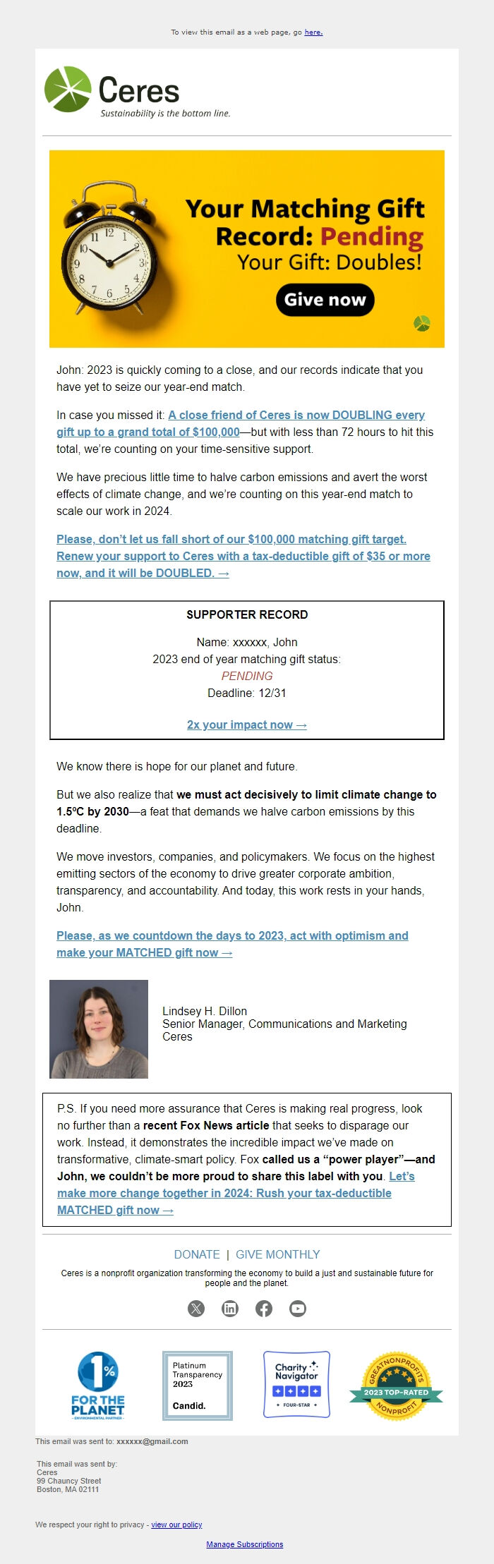 Screenshot of the email generated on import