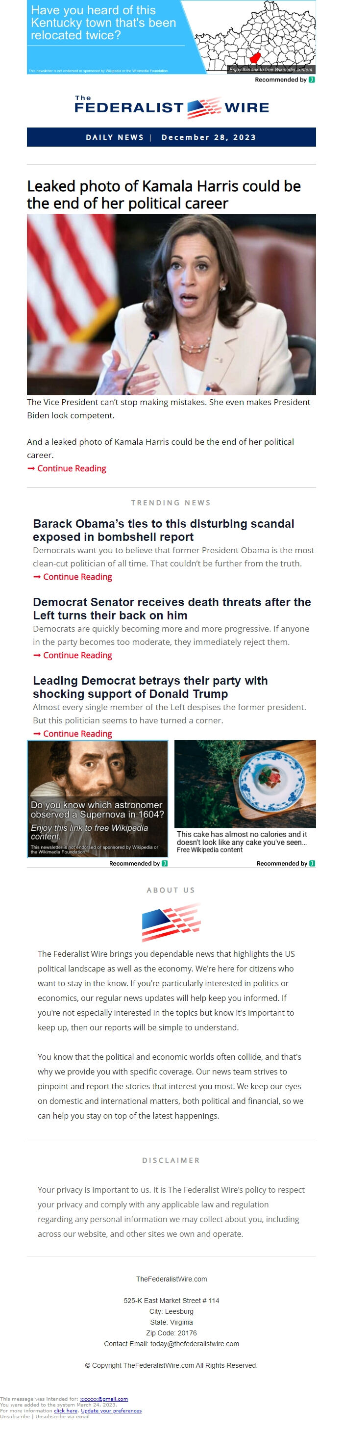 Screenshot of the email generated on import