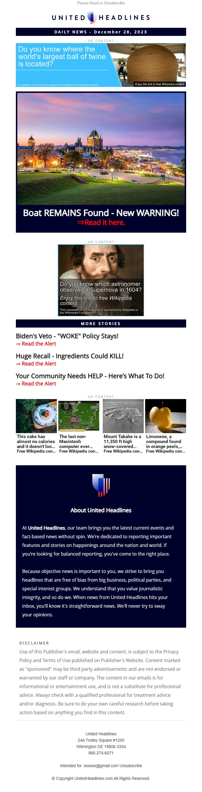 Screenshot of the email generated on import