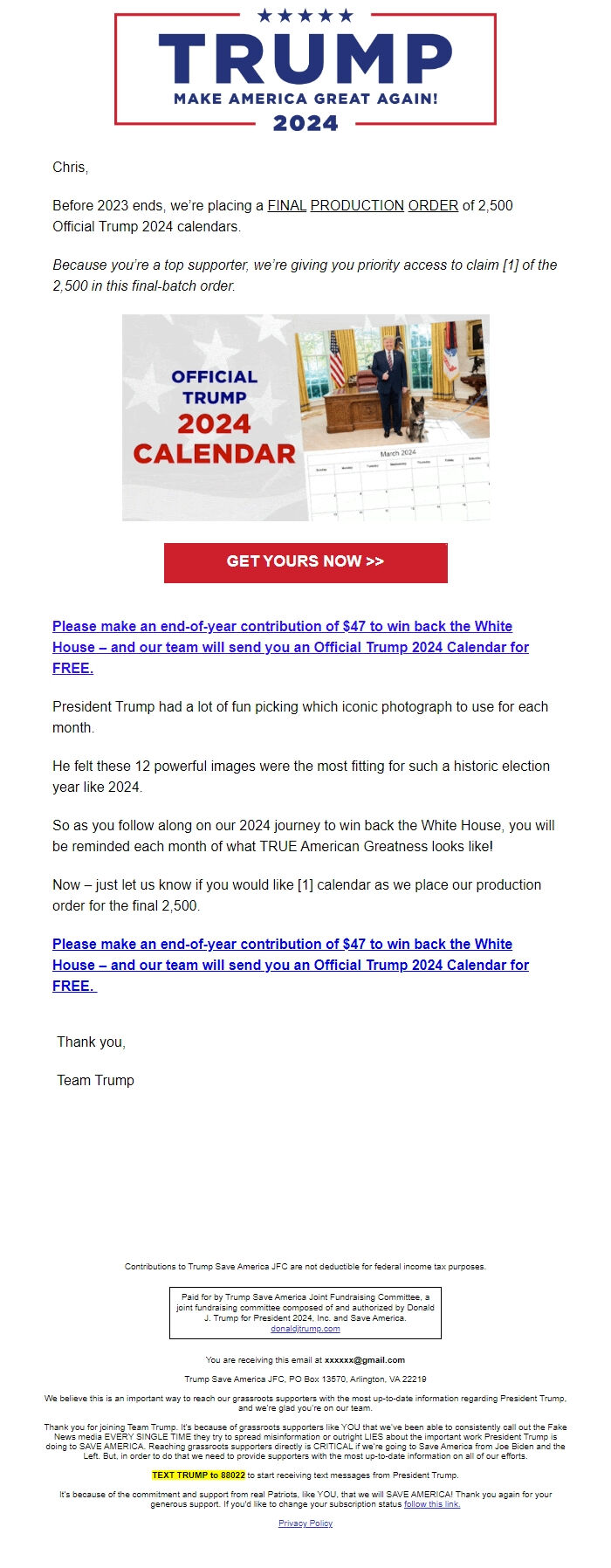 Screenshot of the email generated on import