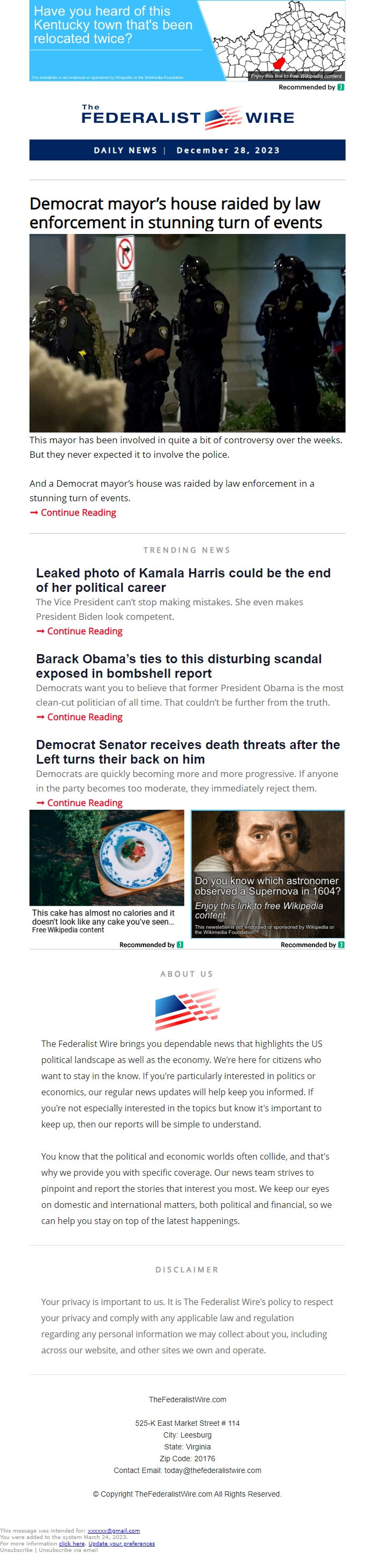 Screenshot of the email generated on import