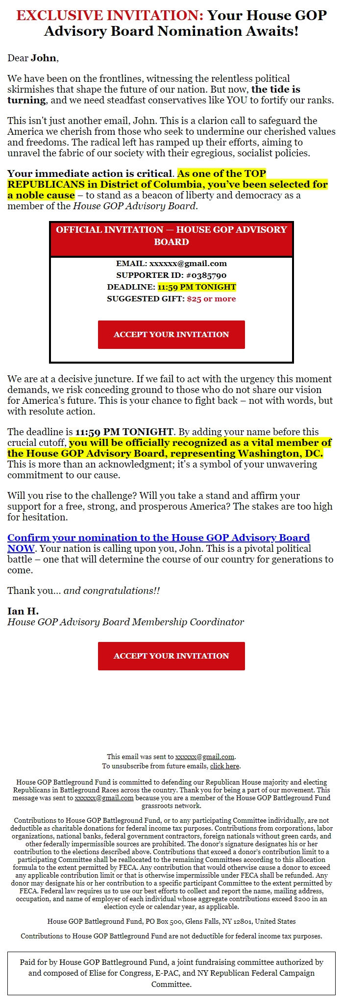 Screenshot of the email generated on import