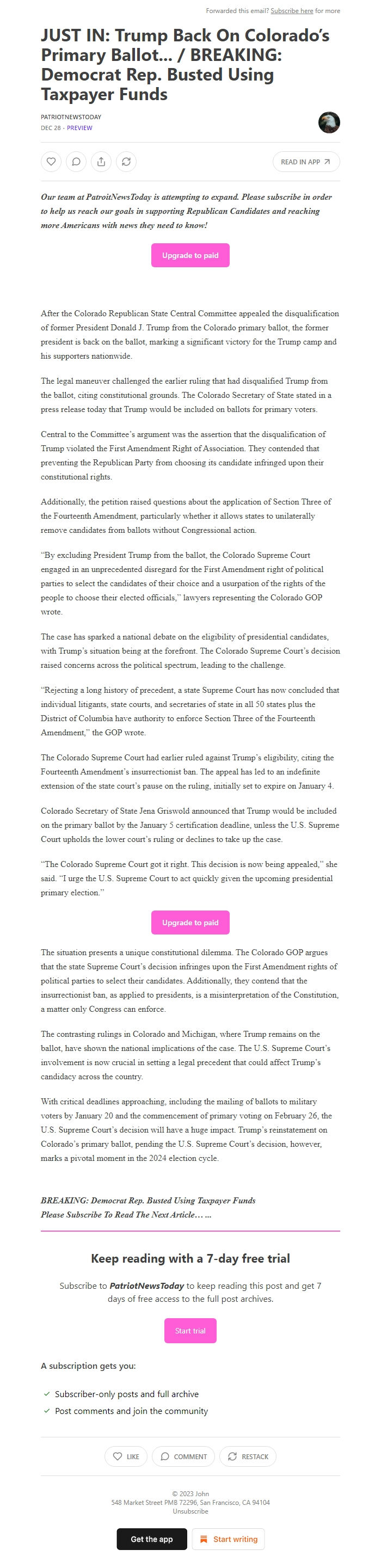 Screenshot of the email generated on import