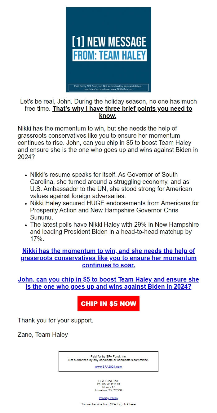 Screenshot of the email generated on import