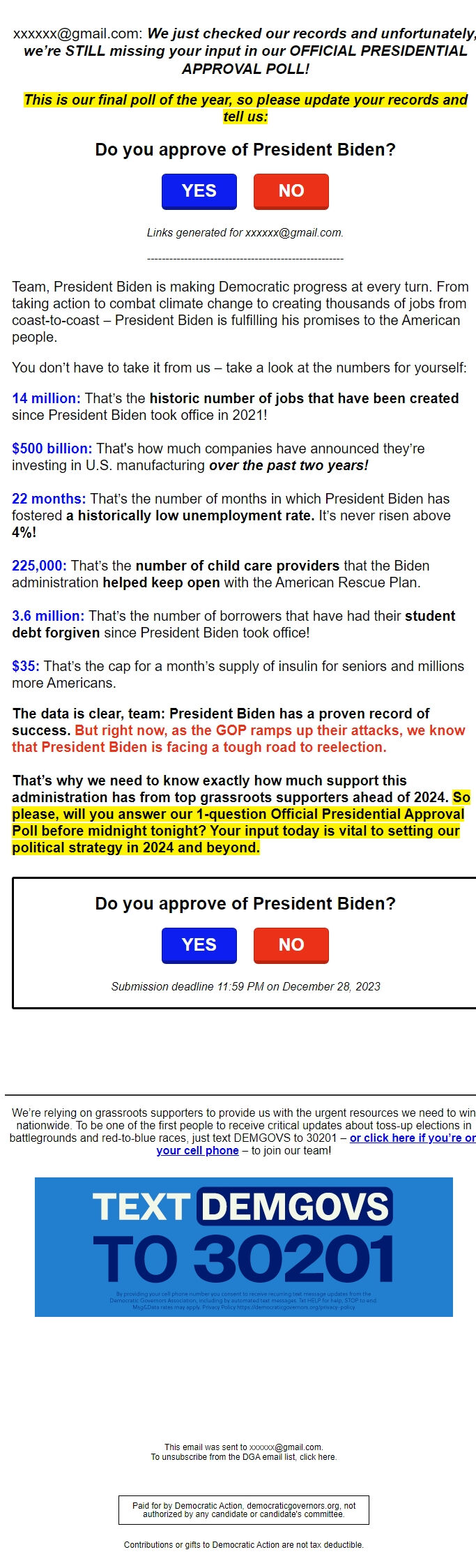 Screenshot of the email generated on import