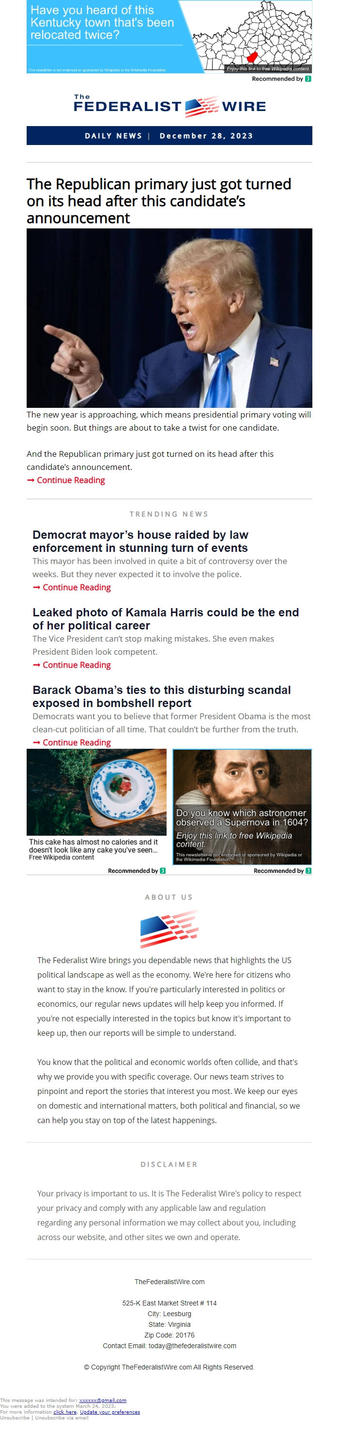 Screenshot of the email generated on import