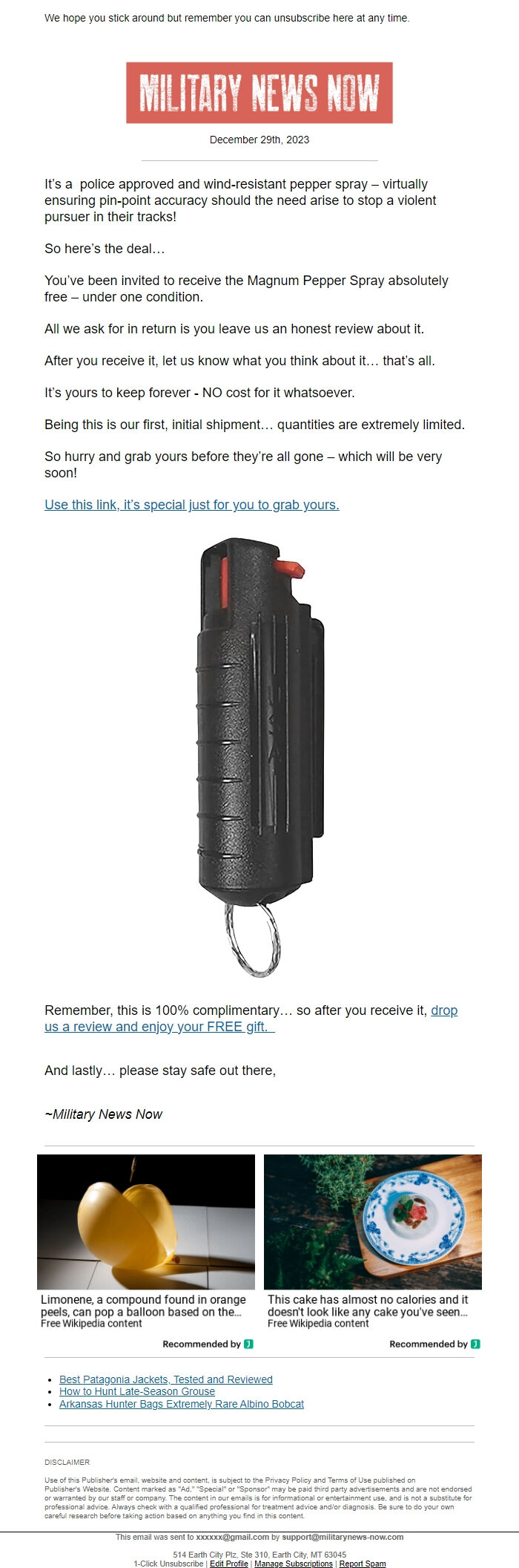 Screenshot of the email generated on import