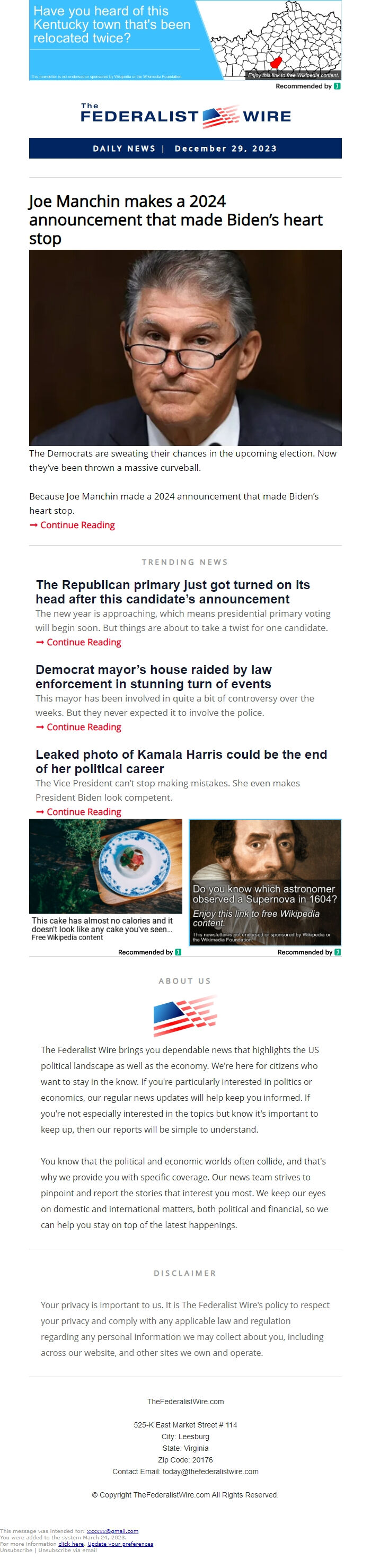 Screenshot of the email generated on import