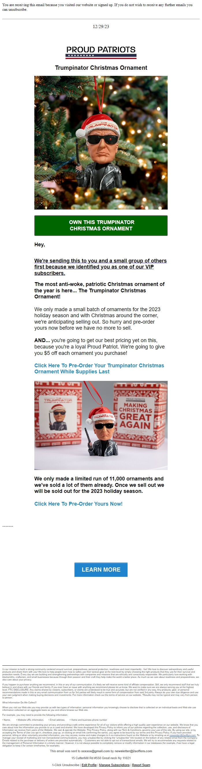 Screenshot of the email generated on import