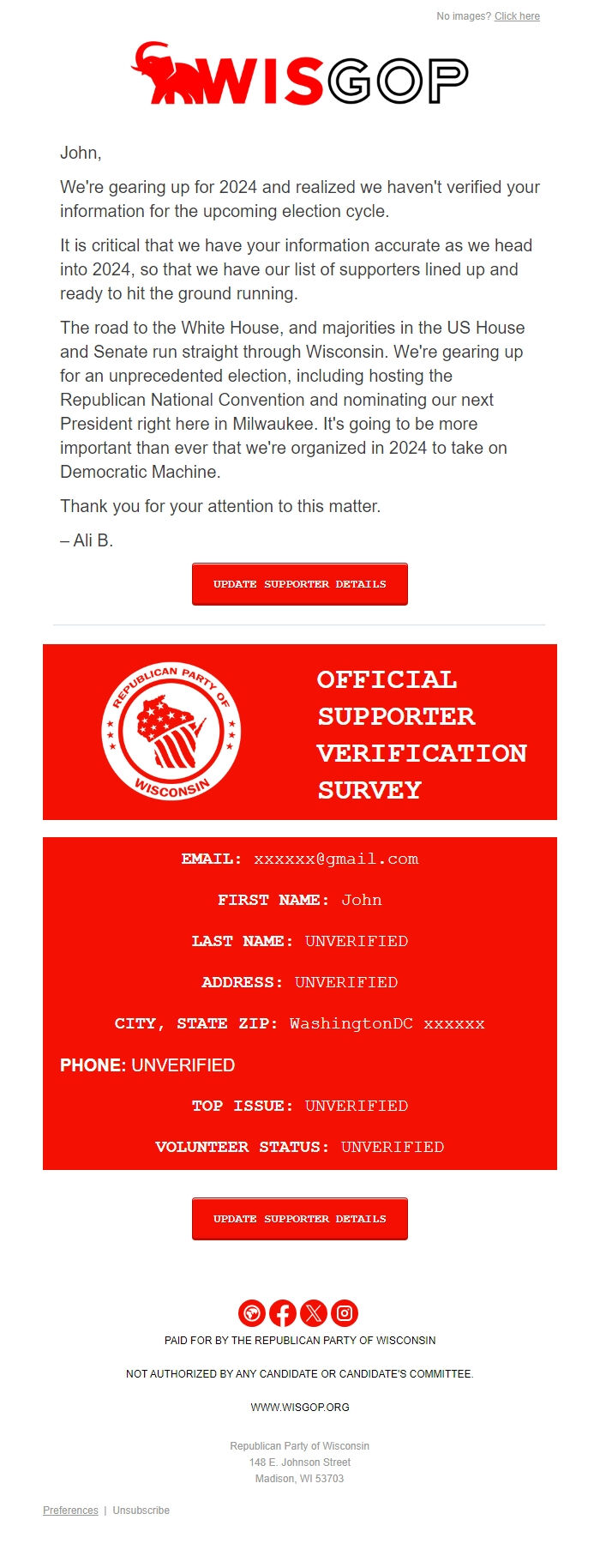 Screenshot of the email generated on import