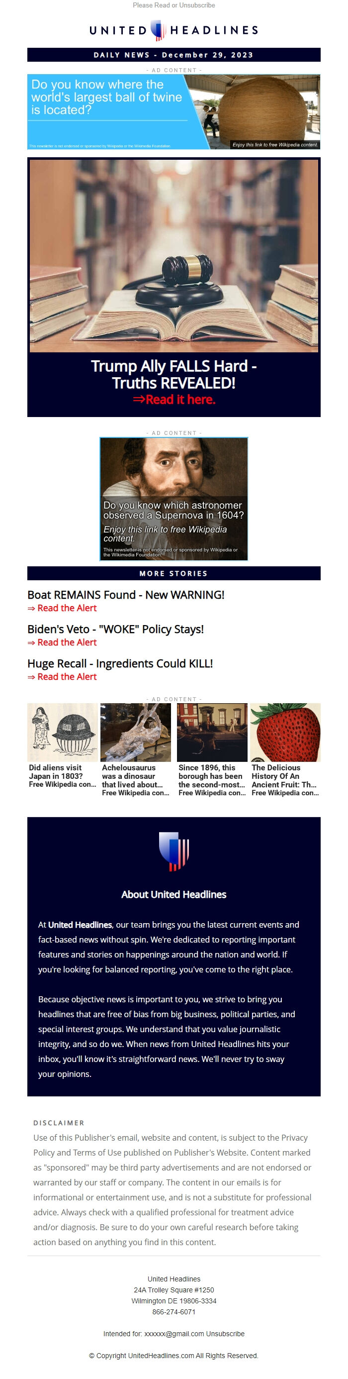 Screenshot of the email generated on import