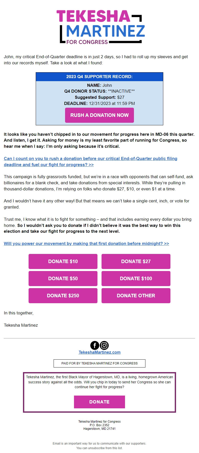 Screenshot of the email generated on import