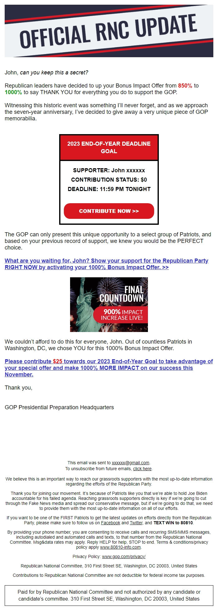 Screenshot of the email generated on import