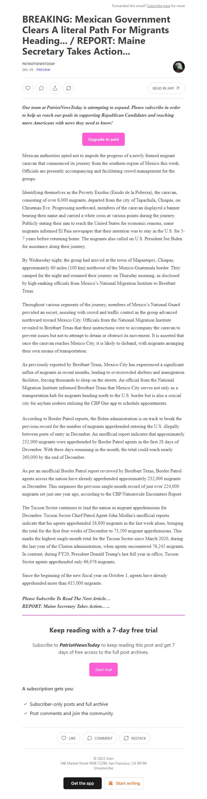 Screenshot of the email generated on import