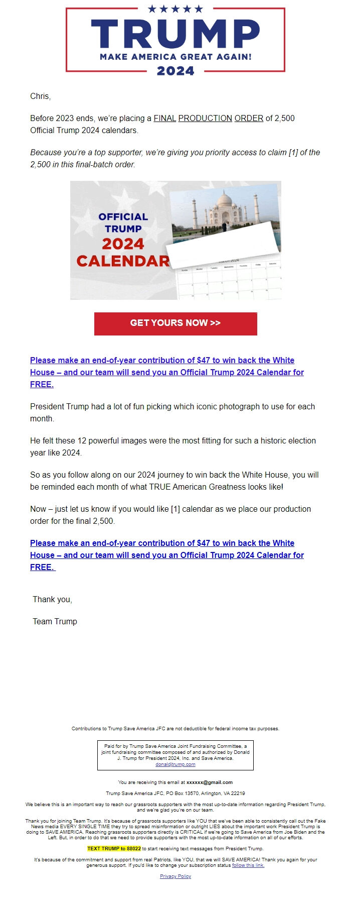 Screenshot of the email generated on import