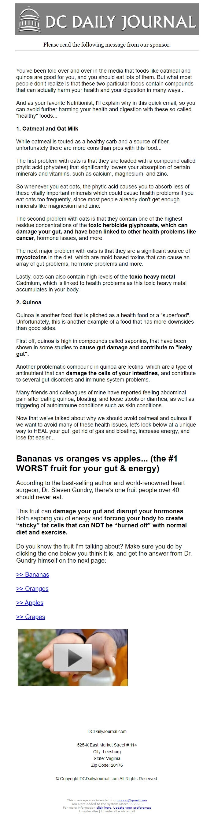 Screenshot of the email generated on import