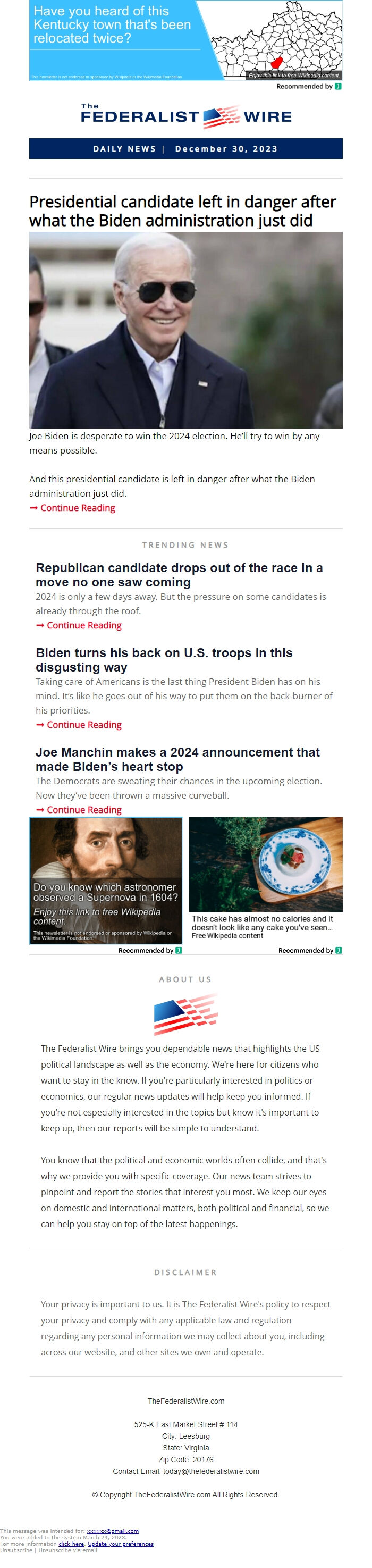 Screenshot of the email generated on import