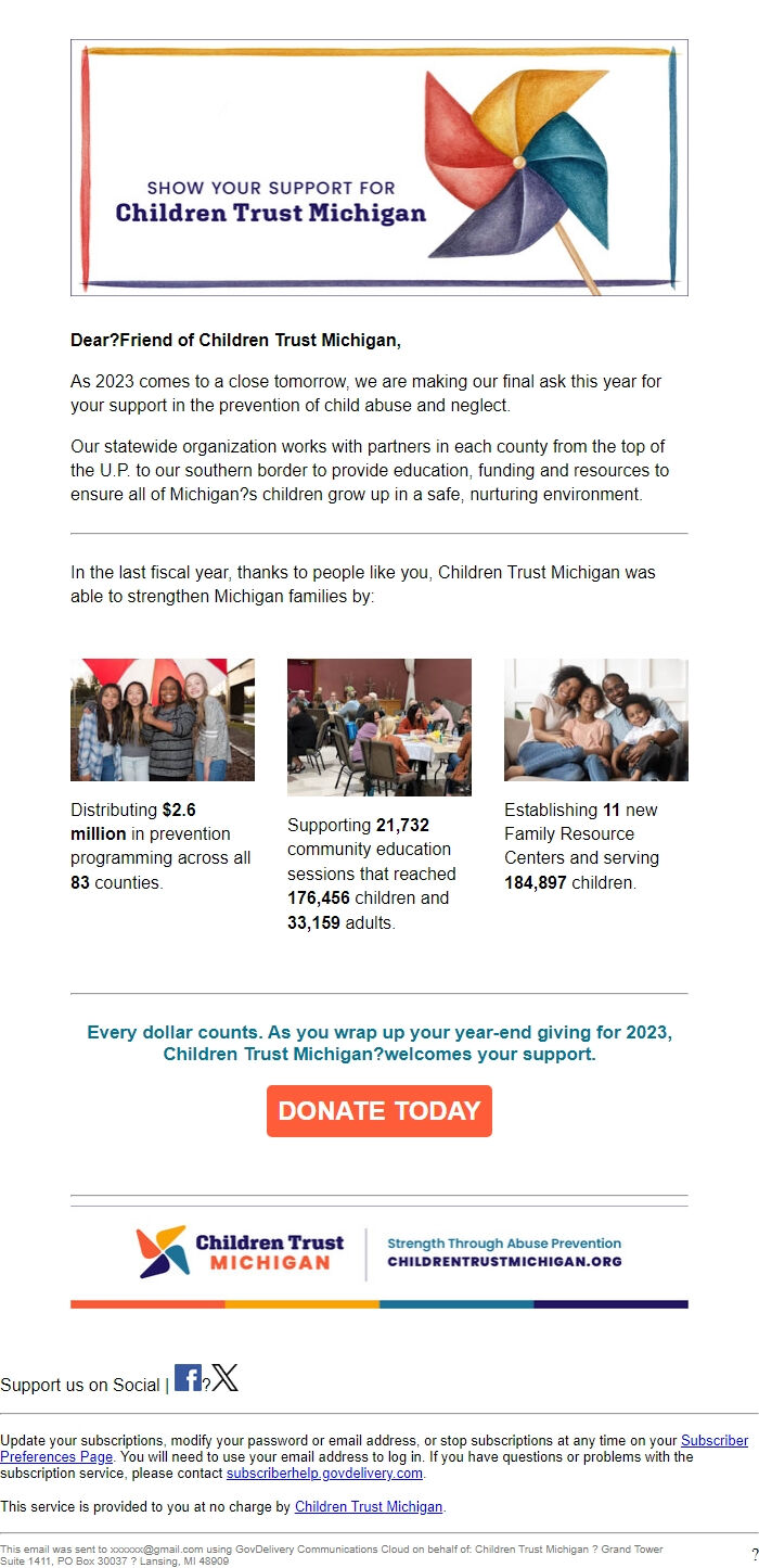 Screenshot of the email generated on import