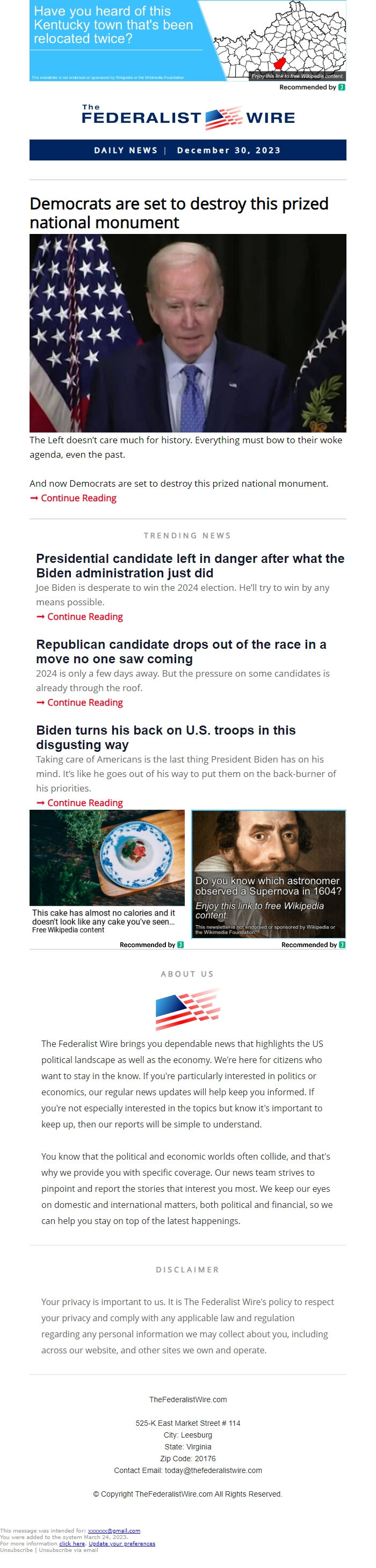 Screenshot of the email generated on import