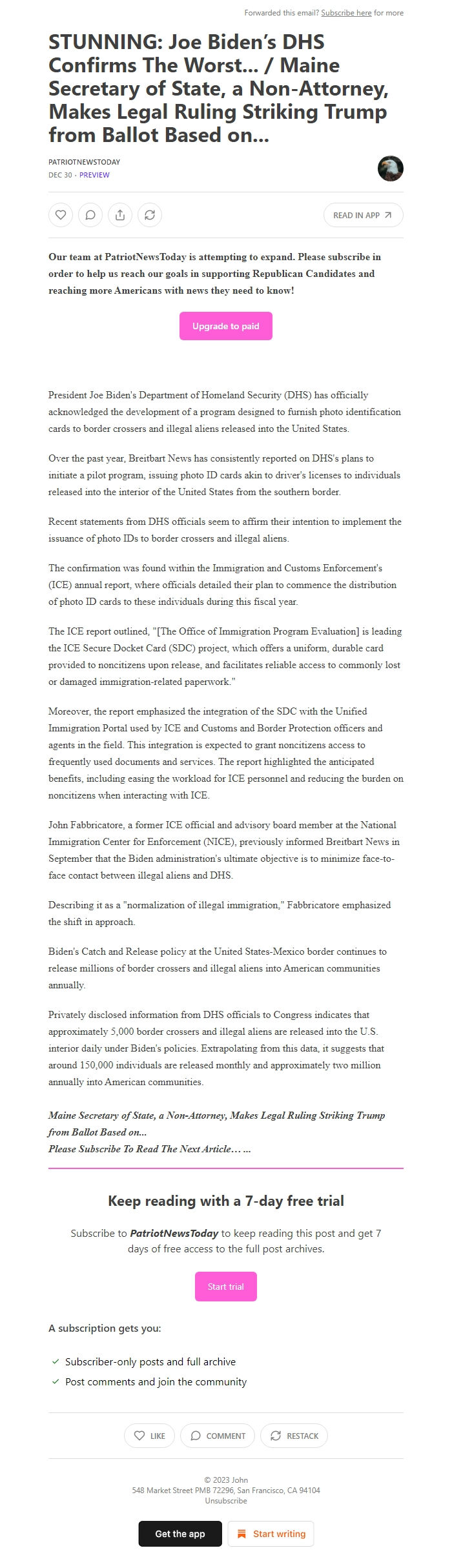 Screenshot of the email generated on import