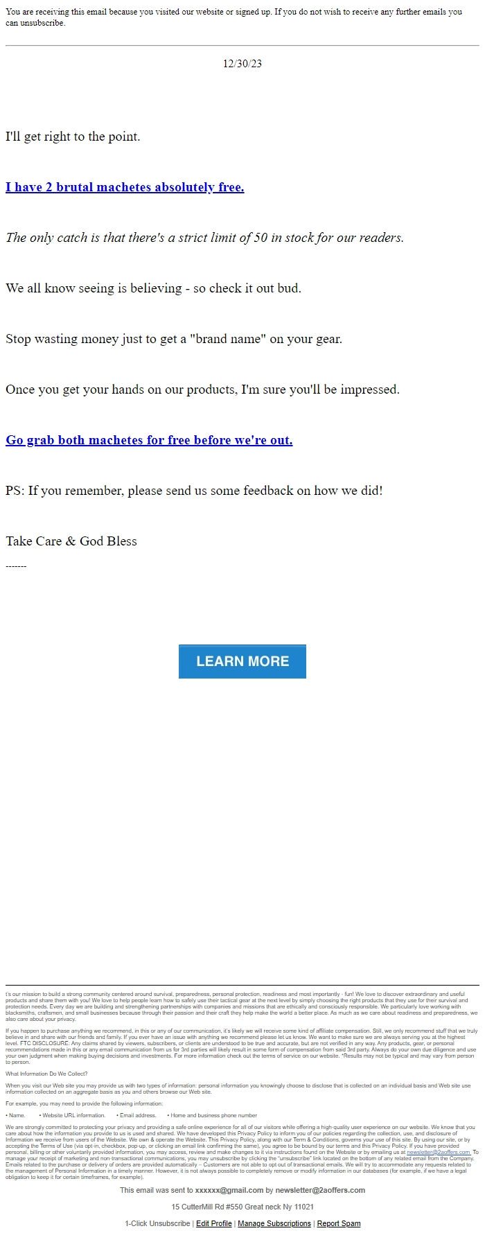 Screenshot of the email generated on import