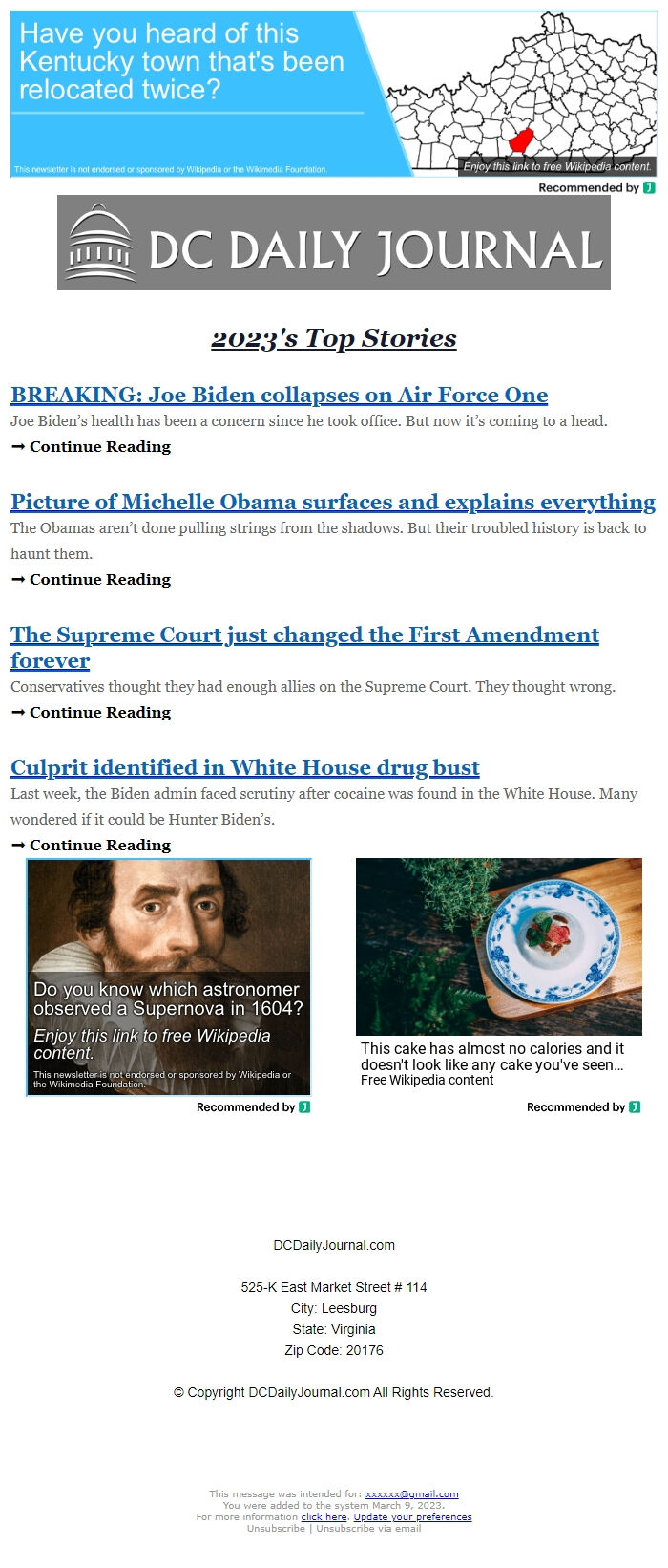Screenshot of the email generated on import